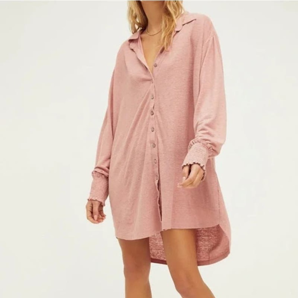 Free people beach promenade mini shirt dress button down long sleeve size small